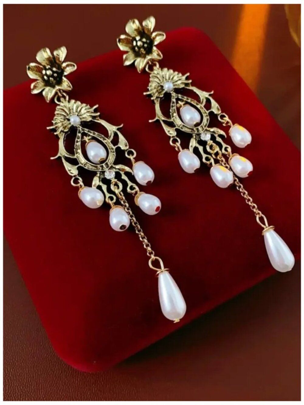 Boho Glam Victoria Flower Tassel Earring Antique Gold Pearl Chandelier Statement